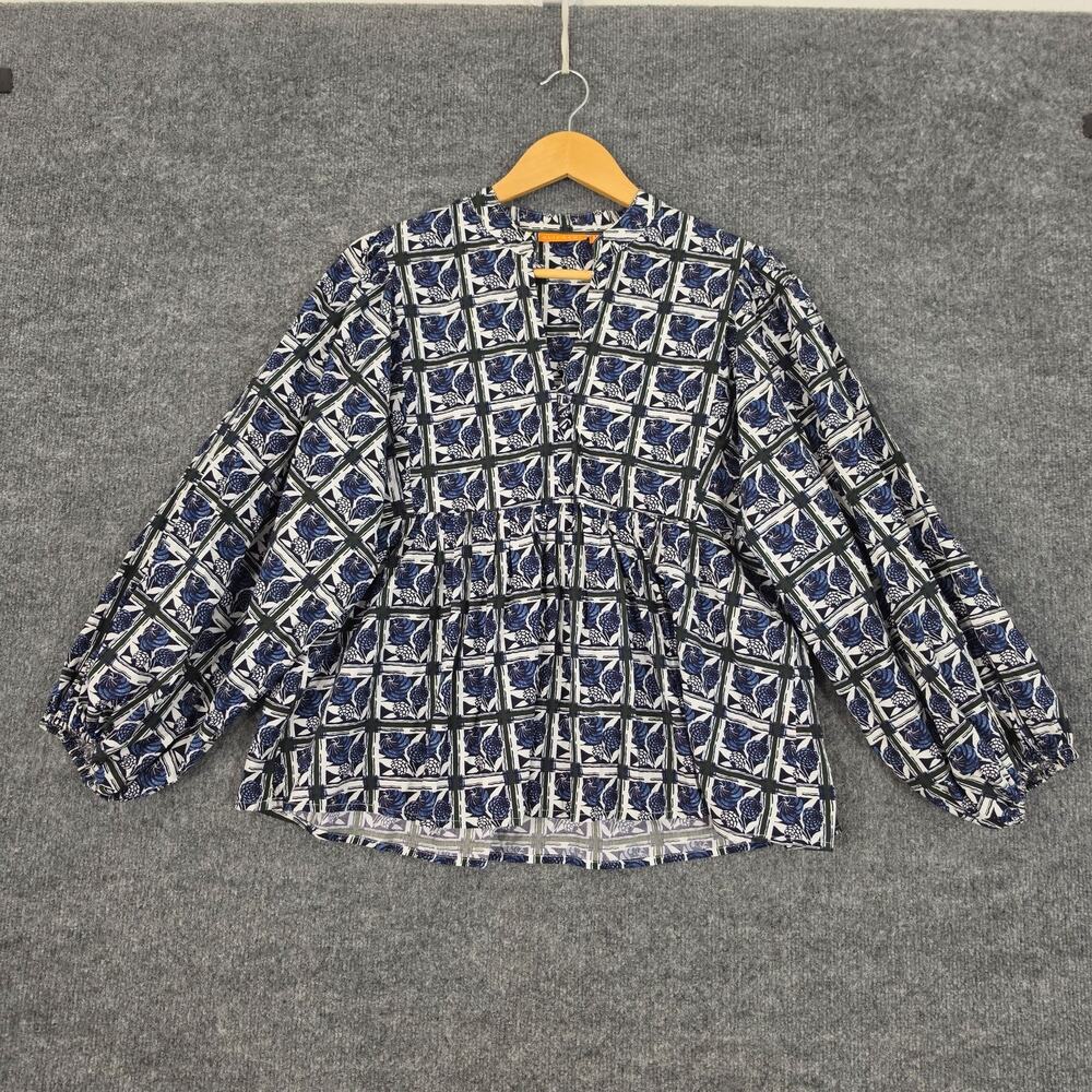 Oliphant Blouse Medium Blue Floral Cotton Balloon Sleeve Boho Relaxed Office Top